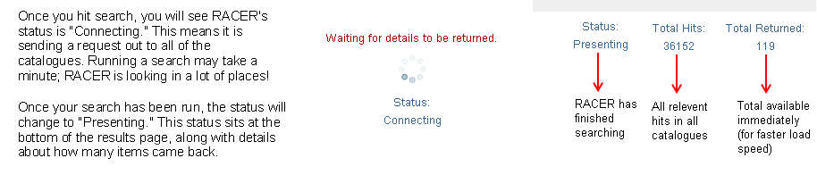 Once you hit search, you will see RACER's status is "Connecting." This means it is sending a request out to all of the catalogues. Running a search may take a minute; RACER is looking in a lot of places! Once your search has been run, the status wil change to "Presenting." This status sites at the bottom of the results page, along with details about how many items came back.