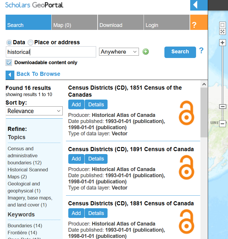 view of datasets on the GeoPortal marked with the orange "lock" symbol of Open Access.
