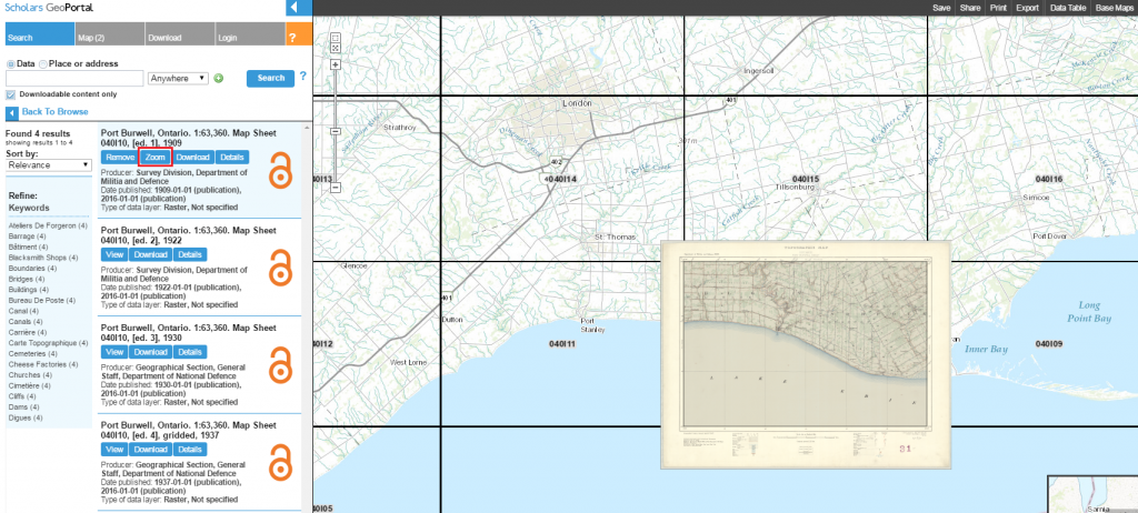 Screen capture of a map that has been loaded on the map viewer in the GeoPortal, after being selected from search results in the left hand panel.