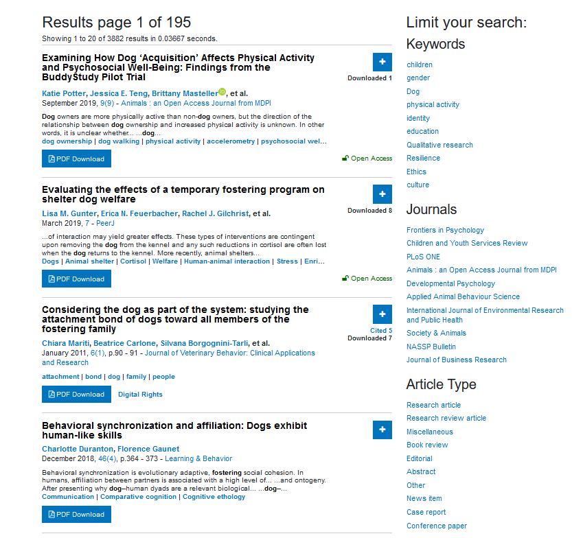 Searches can be refined on the right panel of the results page by keyword, specific journal, and article type.