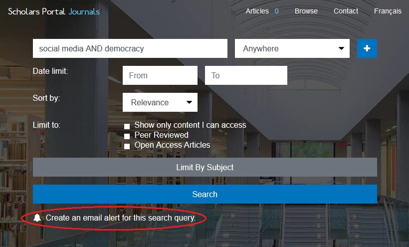 The “Create an email alert for this search query” button below the search bar will create an email alert for a search query.