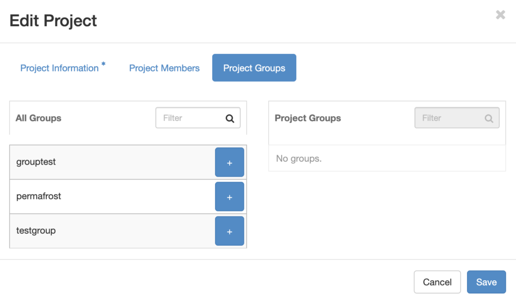 The Project Groups tab in the Edit Project window in Horizon.