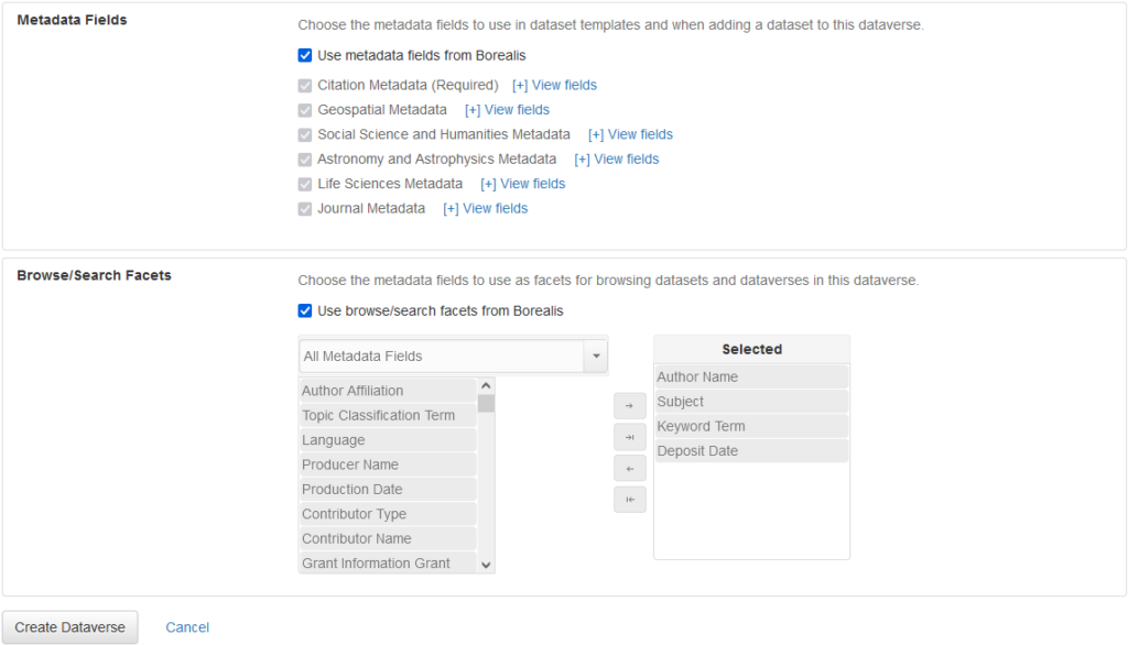 The default Metadata Fields and Browse/Search Facets options available when creating a collection.