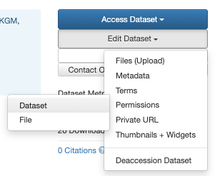 The Permissions option in the Edit Dataset menu with options to view Dataset or File permissions.
