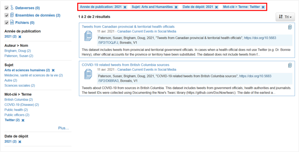 Un exemple de recherche effectuée à l’aide de filtres ou de facettes avec pour année de publication ou de dépôt 2021, pour sujet Arts et sciences humaines et comme mot-clé Twitter.