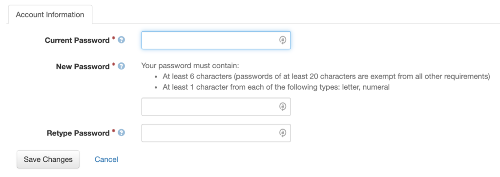 The editable page for changing your standard account password.