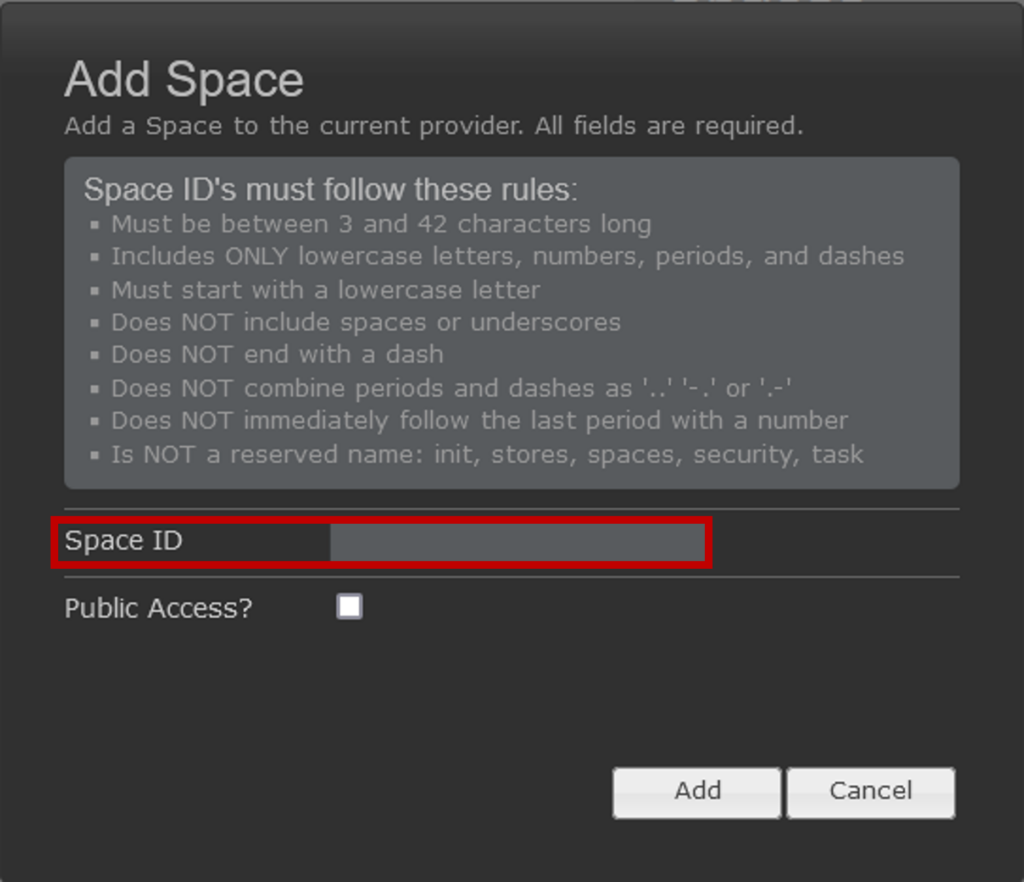 The Space ID field in the Add Space window in DuraCloud.