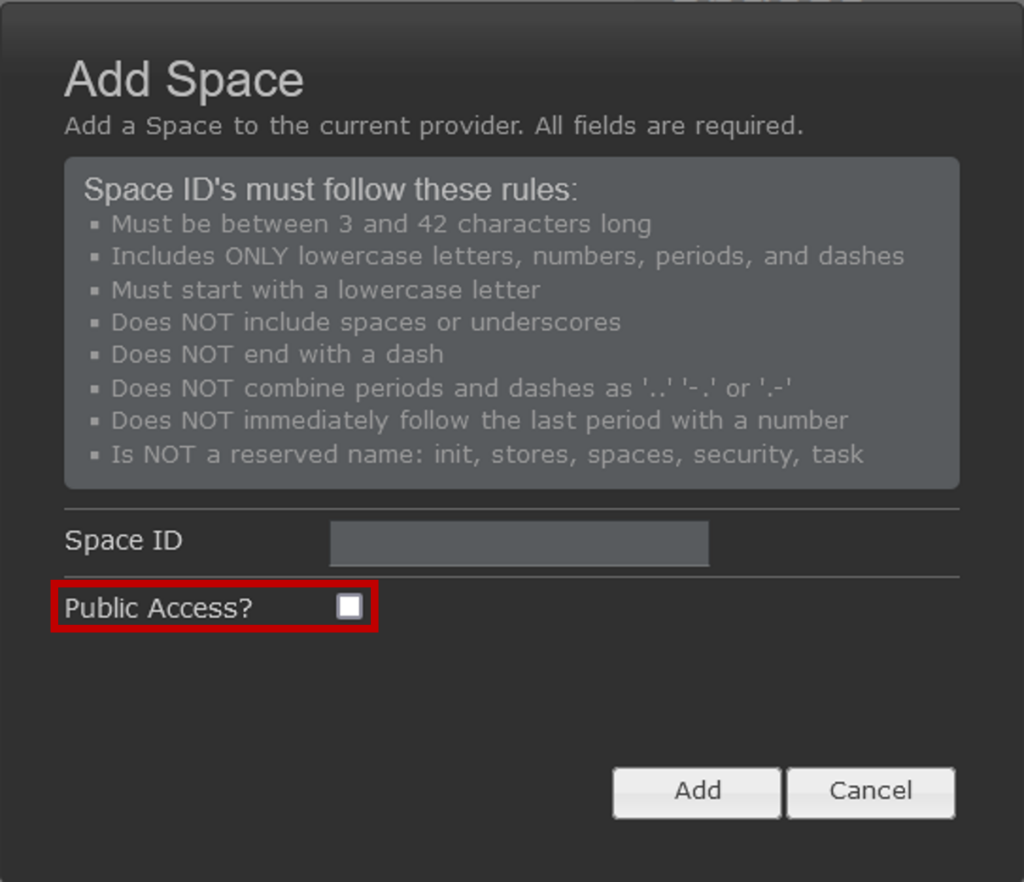 The Public Access setting in the Add Space window in DuraCloud.
