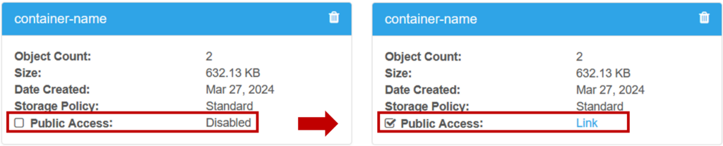 The container information panel when Public Access is disabled (left) and enabled (right) in Horizon.