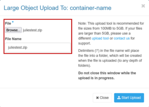 The Large Object Upload window to select and rename a large object for upload in Horizon.